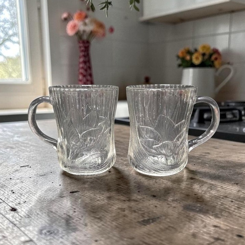 Arcoroc Canterbury Crocus Coffee Cups, Set of 2, Vtg Clear Embossed Glass Mugs